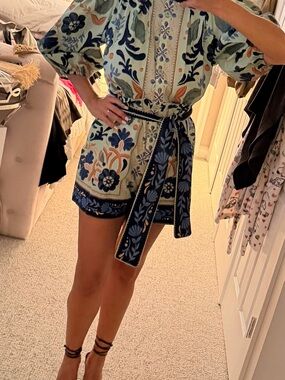 FARM Rio Mint Green Floral Puff-Sleeve Mini Wrap Dress with Navy Belt